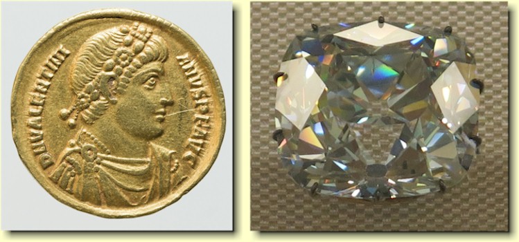 Til venstre en 24 karats solidus gullmynt  den ble laget av 100% rent gull. Den er fra Valentinian II sin tid. Bildet er lnt fra Wikipedia. 
Til hyre Regentdiamanten som er utstilt i Louvre, Paris. 
